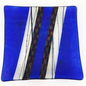 CHRIS PAULSON '91 Signed Ocean Blue METALLIC Art Glass Serving Tray Plate